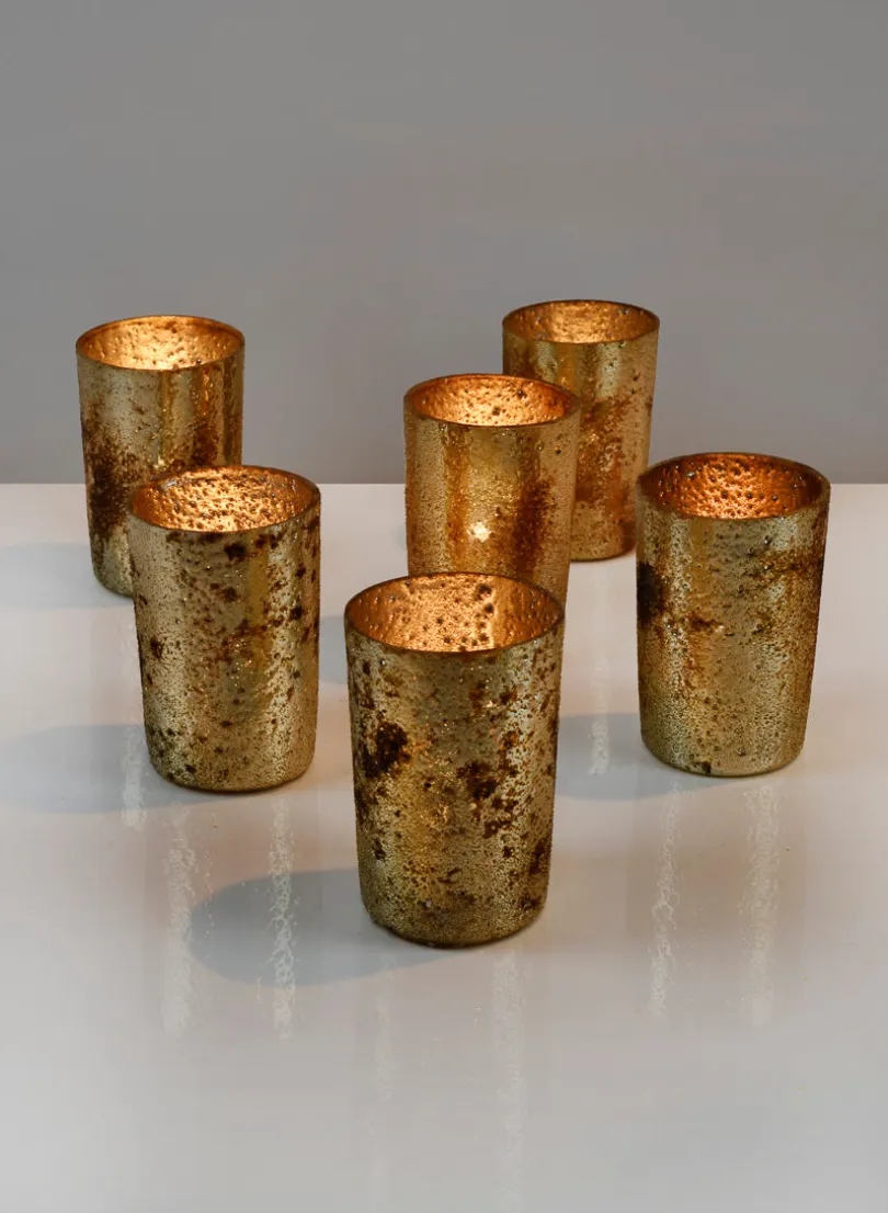 3 ¼in Tall Vintage Bronze & Silver Glass Votive, Set of 6