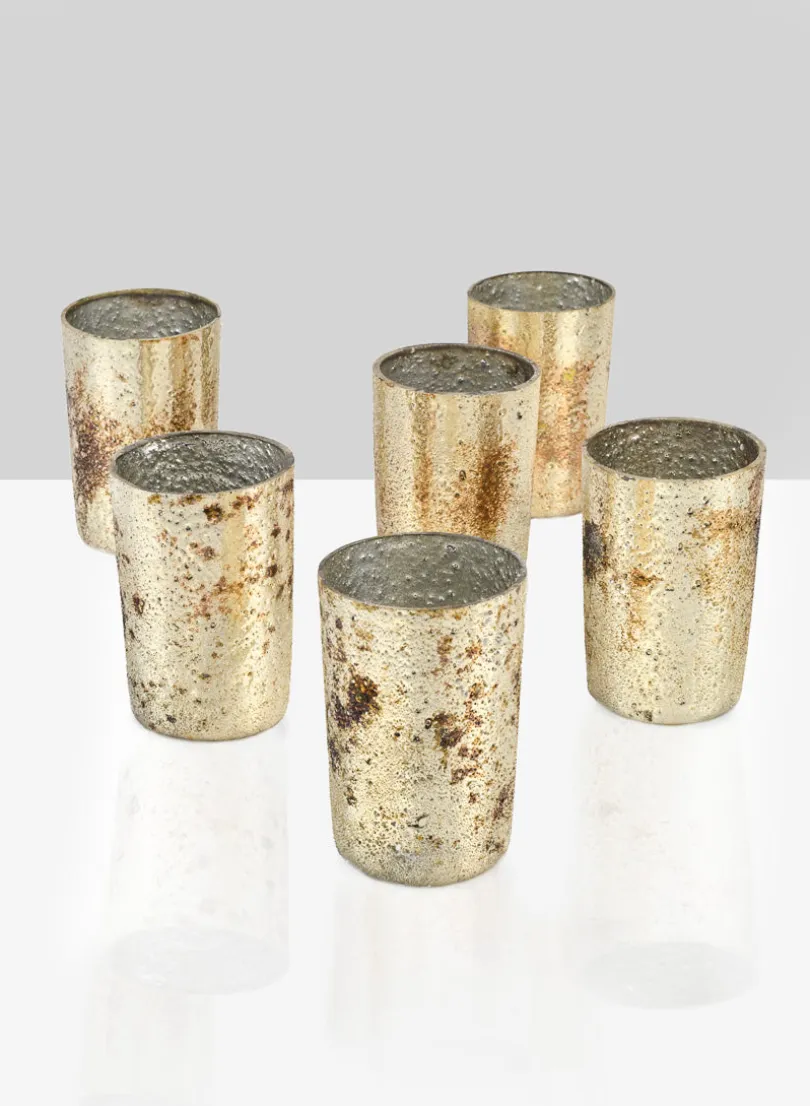 3 ¼in Tall Vintage Bronze & Silver Glass Votive, Set of 6
