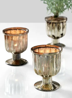 4.25in Tall Vintage Mercury Glass Pedestal Votive, Set of 6