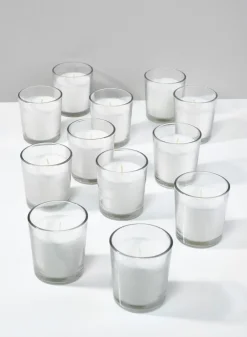 3in Tall White Votives In Clear Glass, 24-Hour, Set of 12