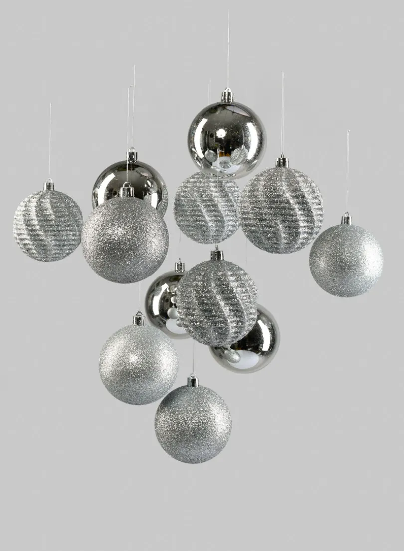 3in Wide Assorted Silver Plastic Ornaments, Set of 12