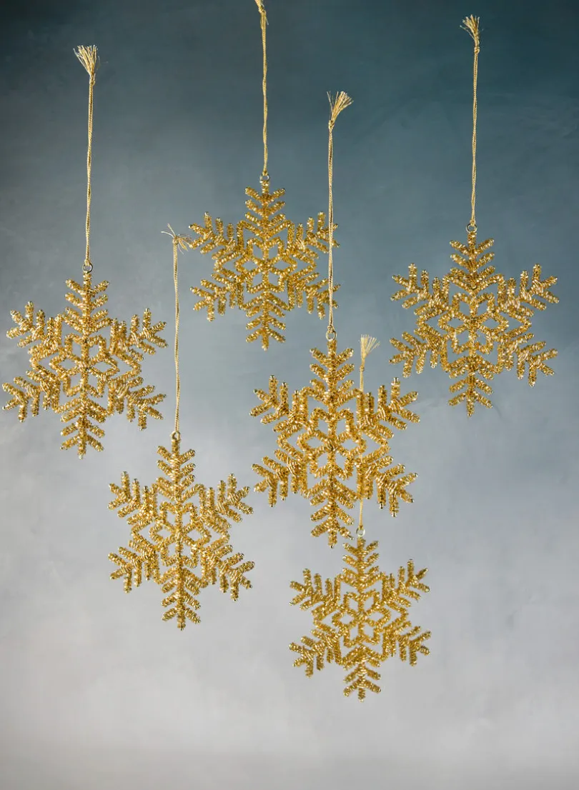 6in Wide Beaded Plastic Snowflake Amber, Set of 6