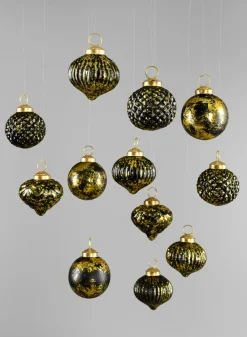 2.5in Wide Black Gold Antique Glass Ornaments, Set of 12