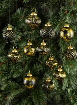2.5in Wide Black Gold Antique Glass Ornaments, Set of 12