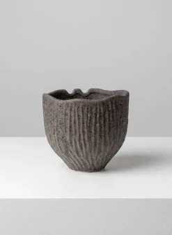 6in Wide Boheme Ridged Black Lava Ceramic Cachepot, Case of 6