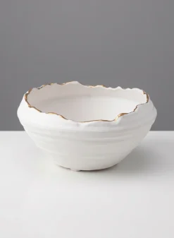 6in Wide Clay White Porcelain Bowl with Gold Edging