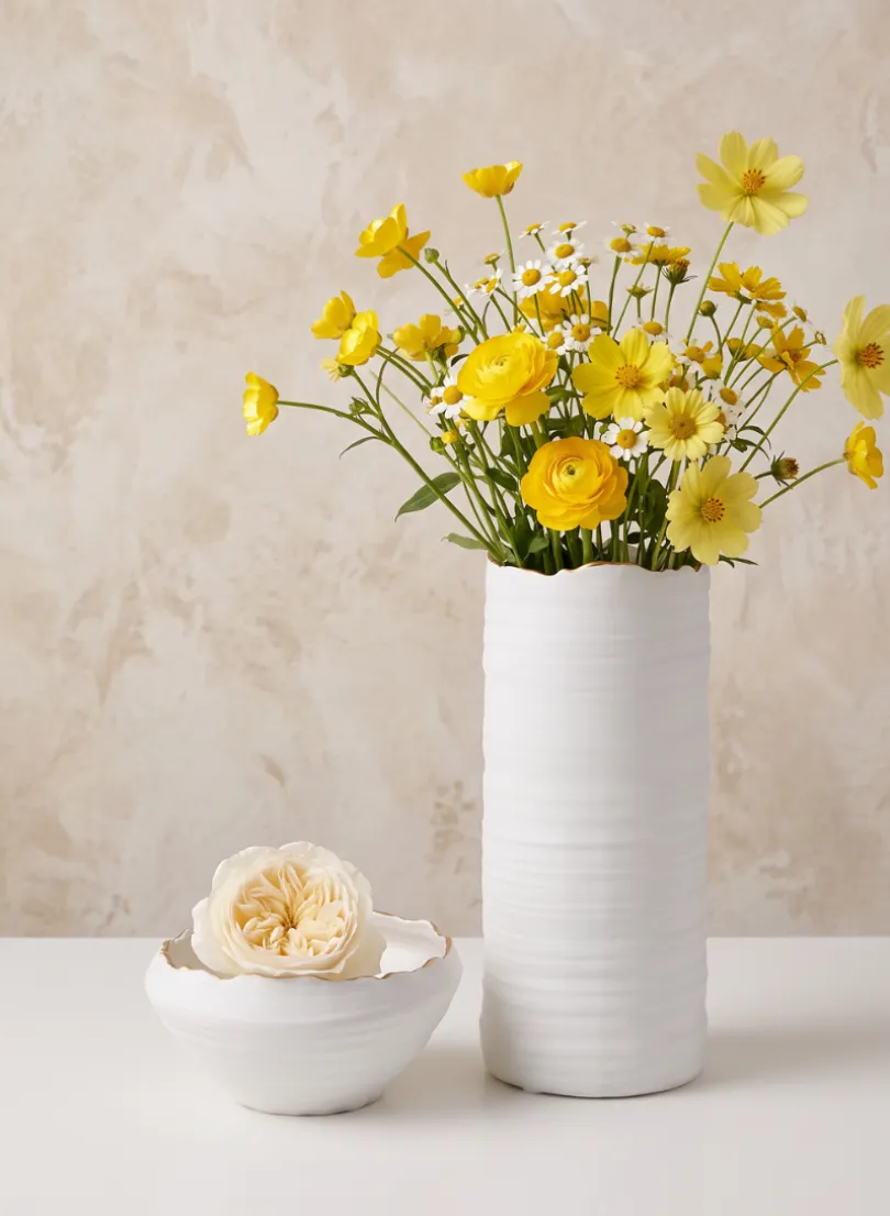 6in Wide Clay White Porcelain Bowl with Gold Edging