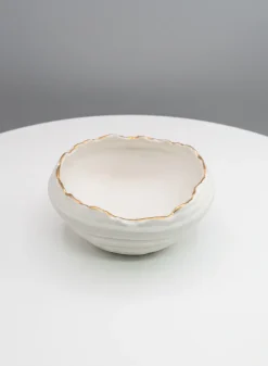 6in Wide Clay White Porcelain Bowl with Gold Edging
