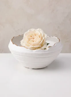 6in Wide Clay White Porcelain Bowl with Gold Edging