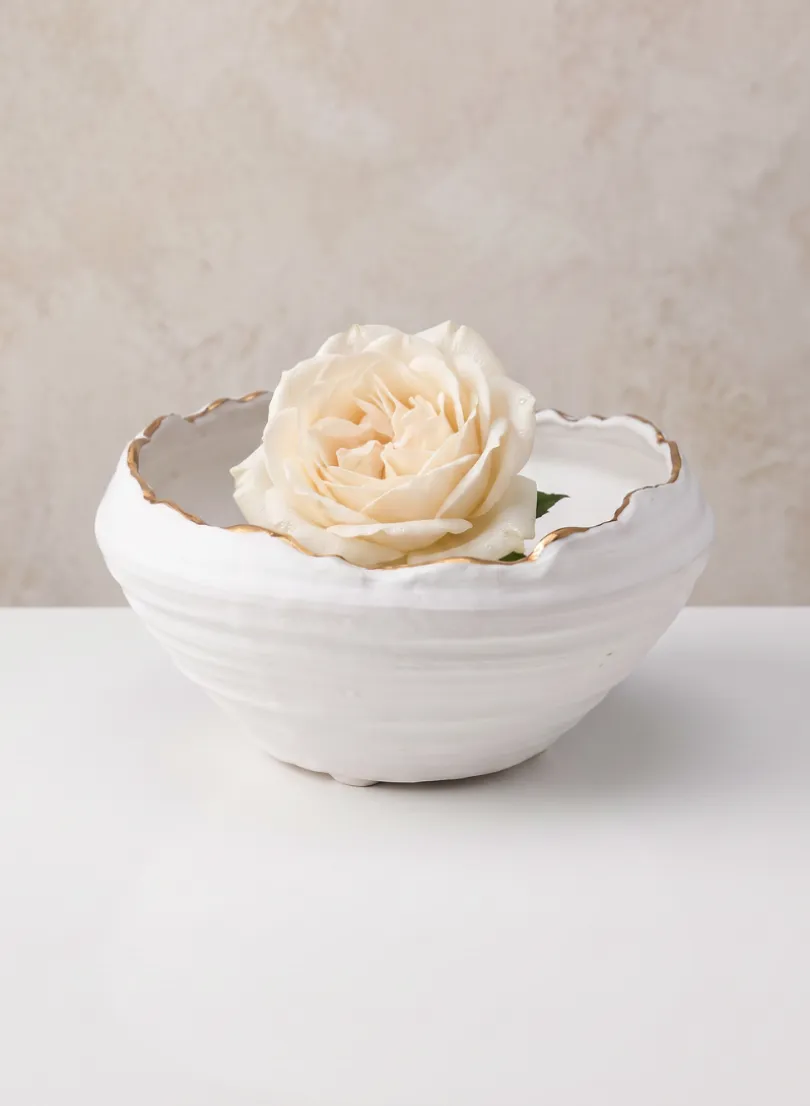 6in Wide Clay White Porcelain Bowl with Gold Edging