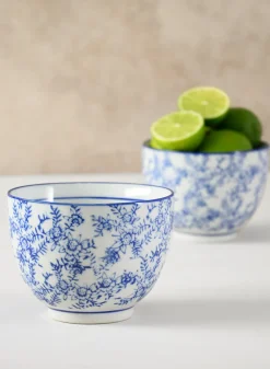 4.25in Wide Dynasty Blue Floral Ceramic Bowls, Set of 2