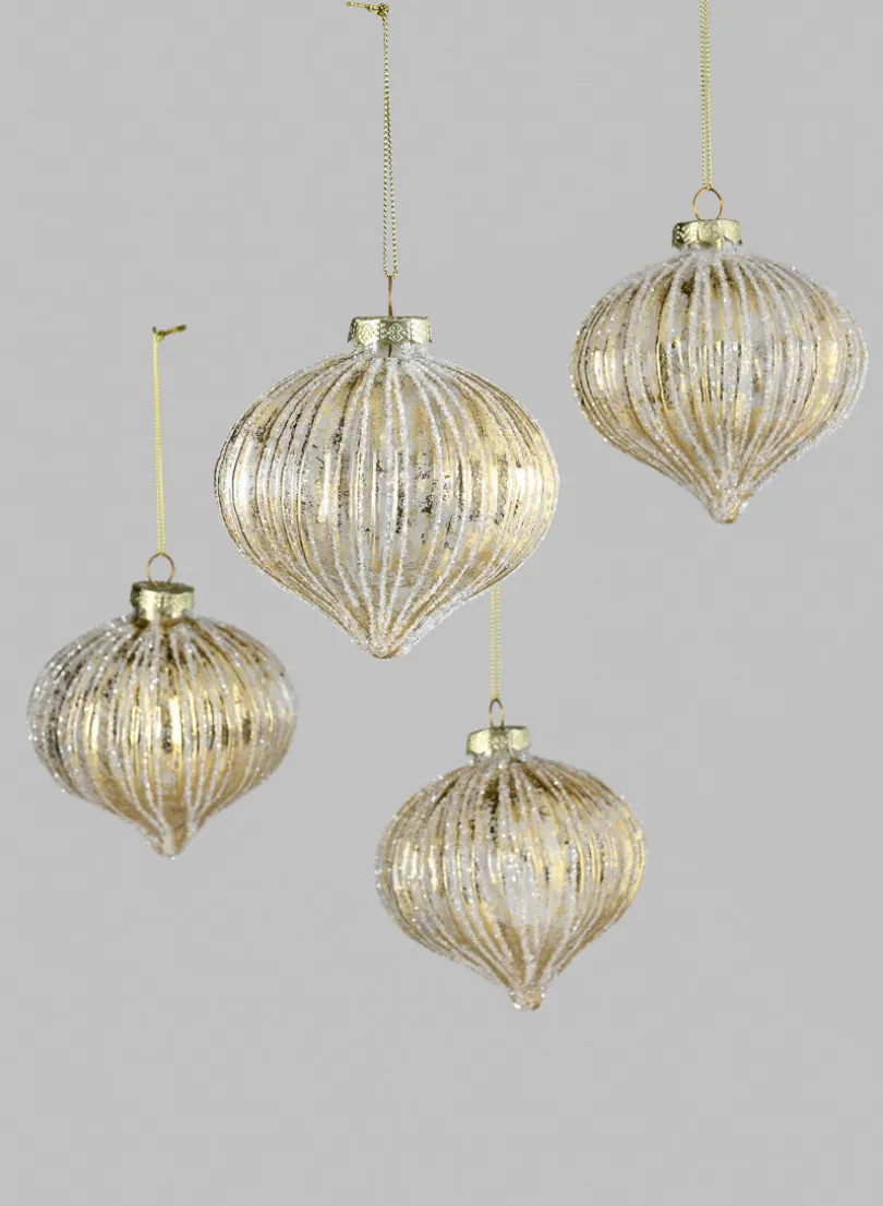 4in Wide Gold Foil & Glitter Stripe Glass Ornament Onion, Set of 4