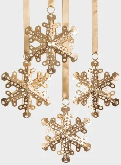 6in Wide Gold Snowflake Metal Ornament, Set of 4