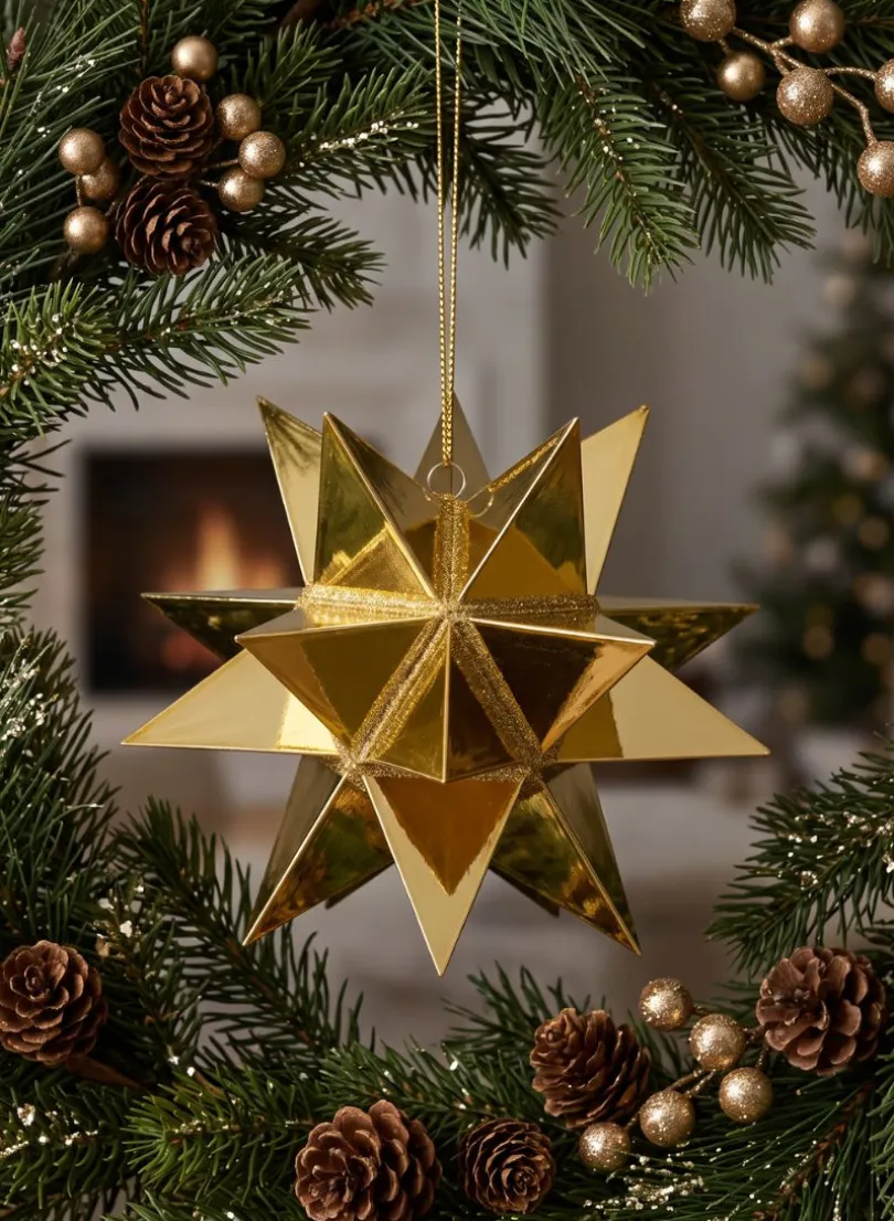 7in Wide Gold Starbust Glittered Plastic Ornament