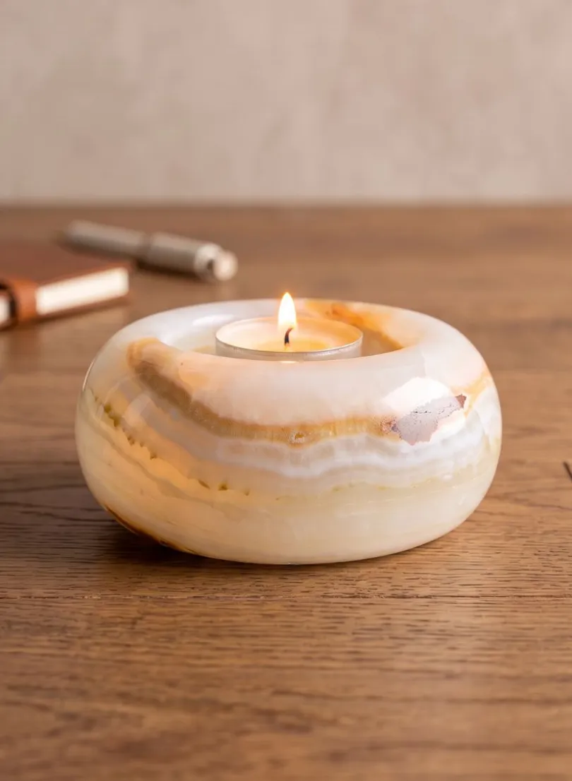 3in Wide Khyber White Onyx Candle Holder
