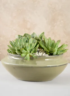 10.5in Wide Moss Green Glaze Ceramic Ikebana Bowl