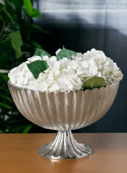 12in Wide Palermo Brushed Silver Scallop Compote Metal Bowl
