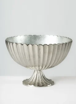 12in Wide Palermo Brushed Silver Scallop Compote Metal Bowl
