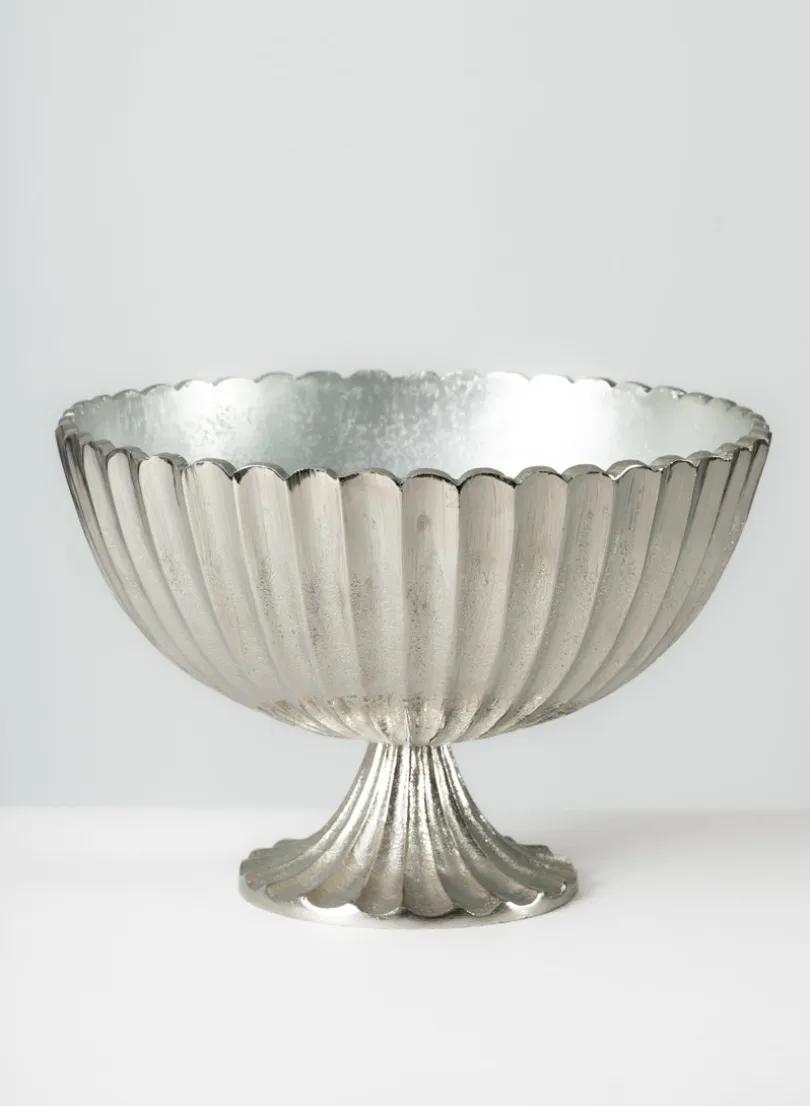 12in Wide Palermo Brushed Silver Scallop Compote Metal Bowl