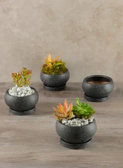 4.5in Wide Vasteras Sand Black Low Ceramic Pot with Saucer, Set of 4
