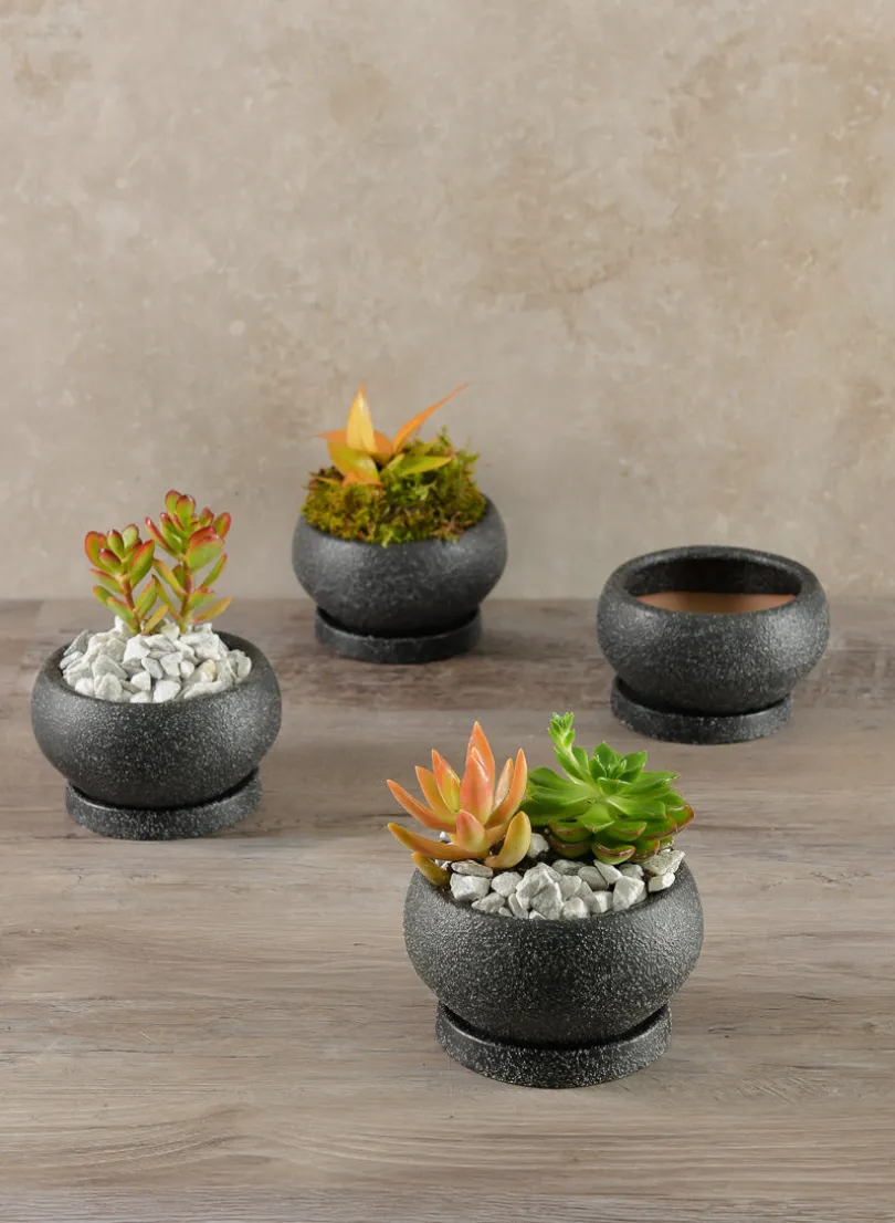 4.5in Wide Vasteras Sand Black Low Ceramic Pot with Saucer, Set of 4