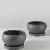6in Wide Vasteras Sand Black Low Ceramic Pot with Saucer, Set of 2