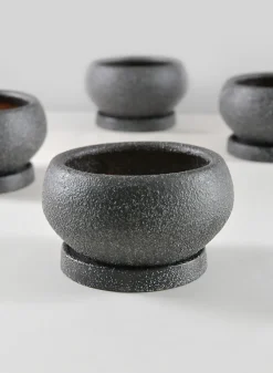 6in Wide Vasteras Sand Black Low Ceramic Pot with Saucer, Set of 2