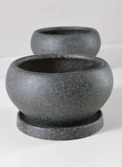 6in Wide Vasteras Sand Black Low Ceramic Pot with Saucer, Set of 2