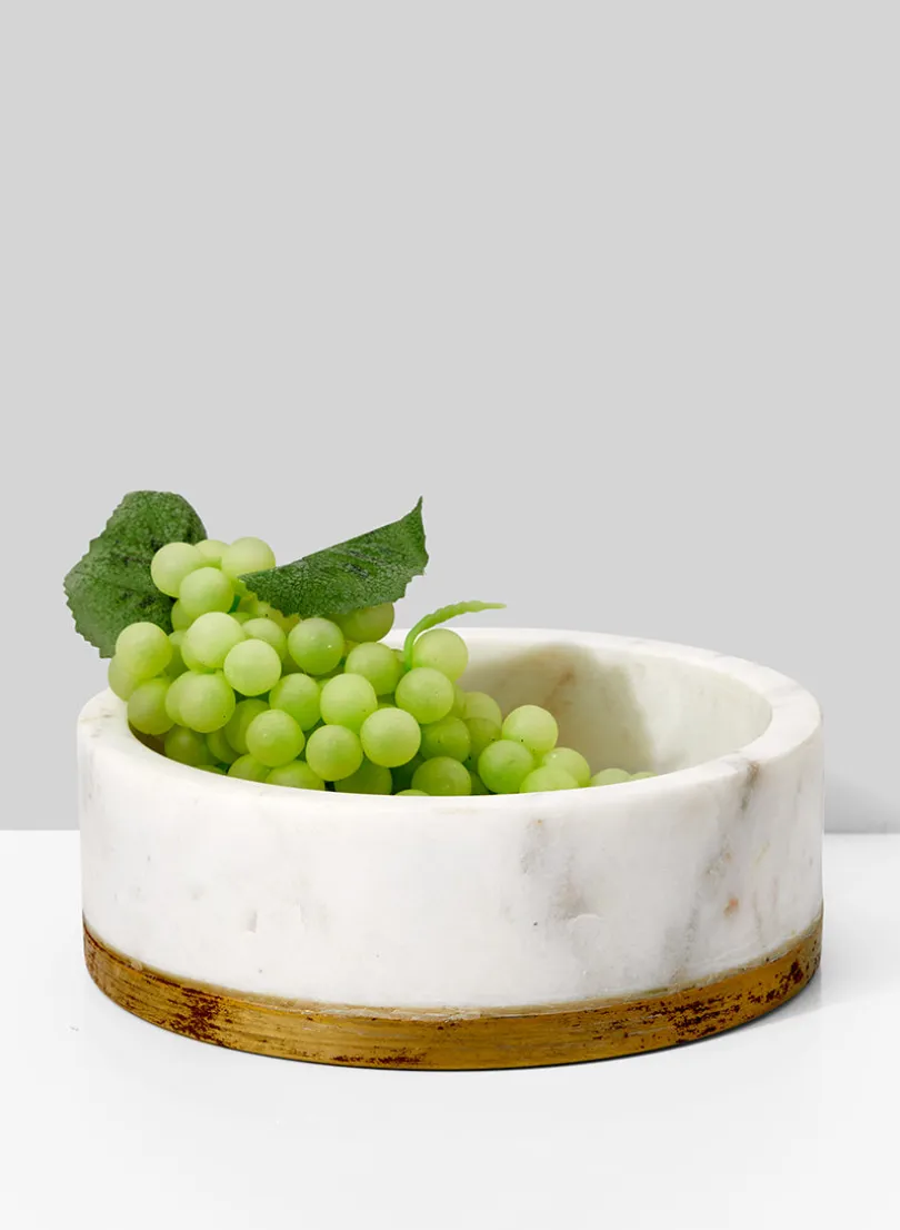 6in Wide White Marble Bowl With Brass Ring