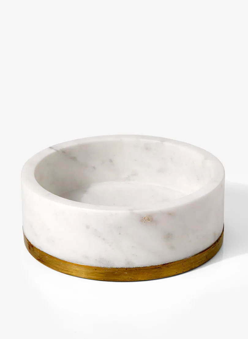 6in Wide White Marble Bowl With Brass Ring