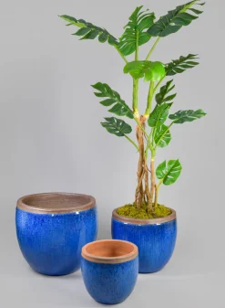 Rimmed Clay & Ceramic Planter Bowl, Santorini Blue